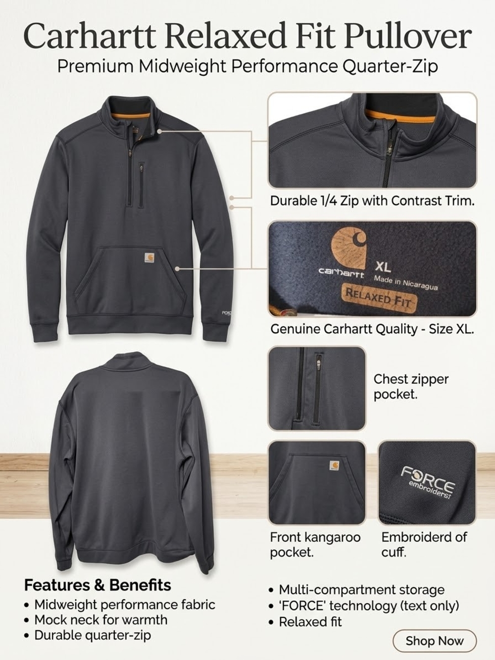 Carhartt Relaxed Fit Midweight Quarter-Zip Pullover - Charcoal with Orange Trim